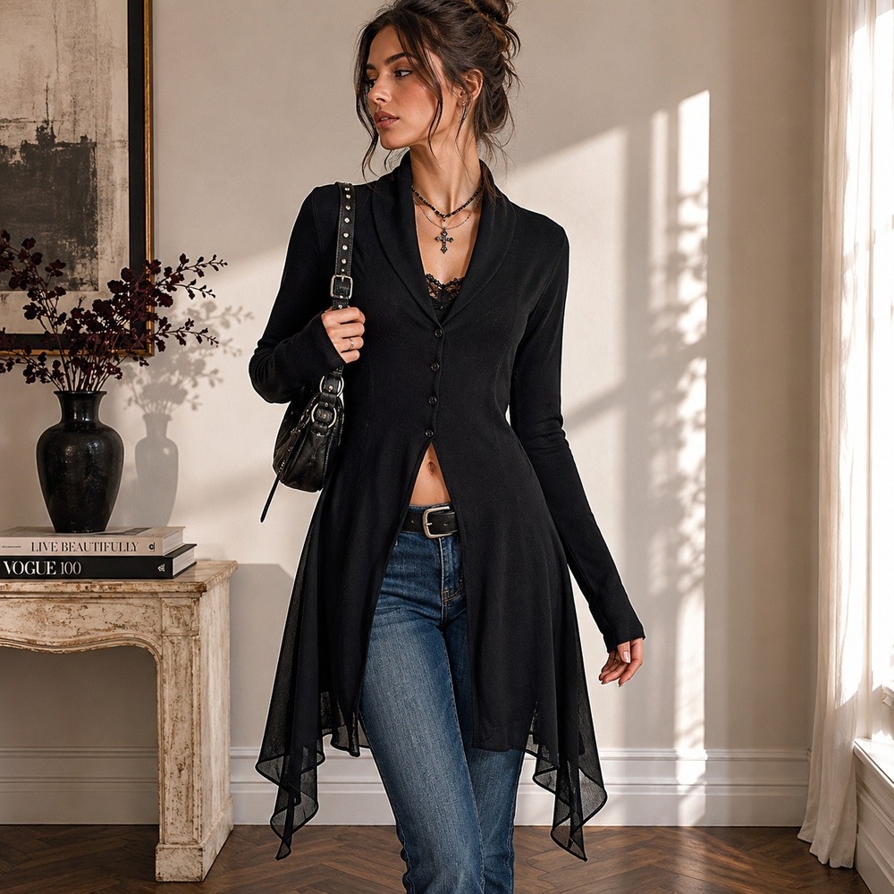 SCEE Asymmetrical Duster Cardigan Sz S Black Sheer Italy Fairy Goth‎ Y2K Alt